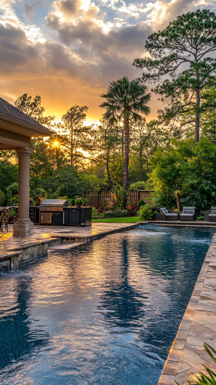 Luxurious backyard in Greater Houston featuring a sparkling pool, modern tilework, lush greenery, and a family enjoying an outdoor kitchen at sunset, showcasing the possibilities of pool financing.