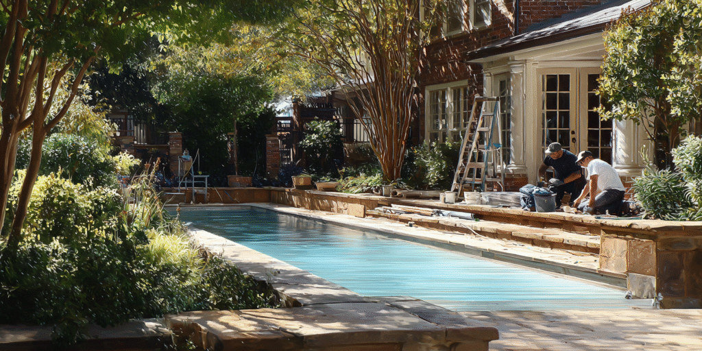 Craftsmen restoring a historic Houston pool—repairing vintage tiles, adding modern automation, and updating classic stone decking with weather-resistant sealant.