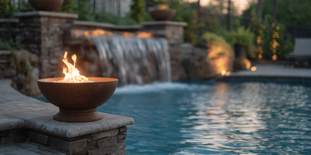 Close-up of a fire bowl with bright flames next to a cascading pool waterfall in a Houston backyard, both features illuminated at night.