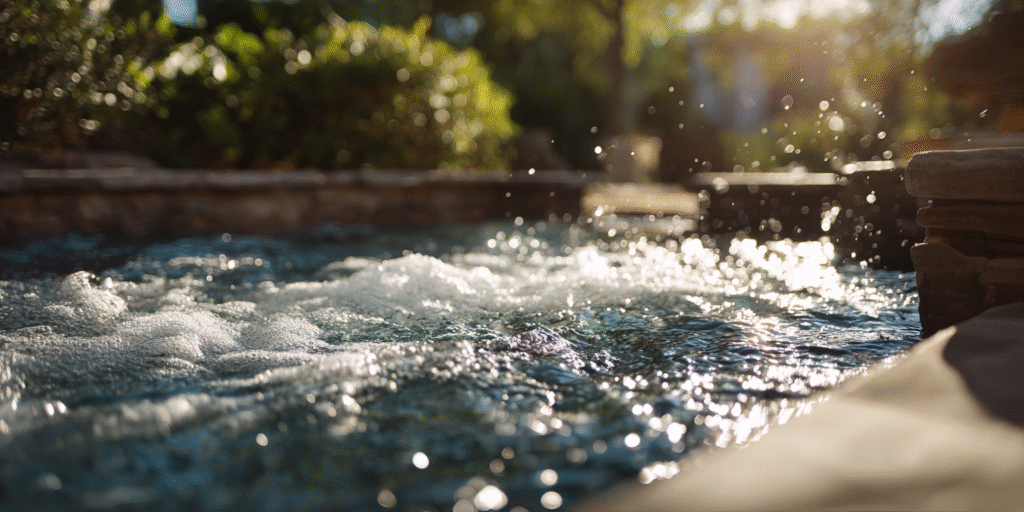 Close-up of hydrotherapy jets in a Houston backyard spa, showing clear bubbling water and modern spa materials.