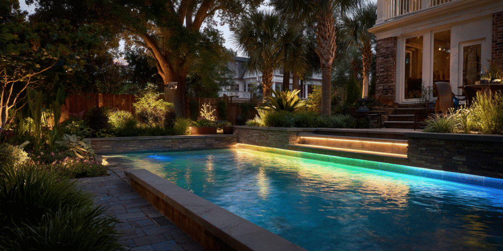 Houston backyard pool at night with energy-efficient LED lighting in blue and green, illuminating the waterline and landscaping for a vibrant and efficient look.