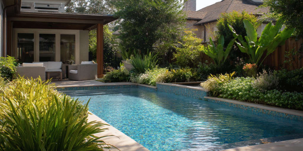 Modern Houston backyard pool with gradient glass mosaic tiles shifting from light aqua to deep blue, surrounded by tropical landscaping and contemporary furnishings.
