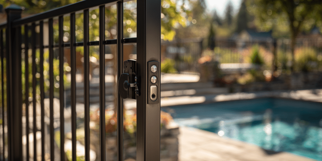 Close-up of a black metal pool safety fence and self-latching gate in a Houston backyard, designed to prevent unsupervised access and meet local safety codes
