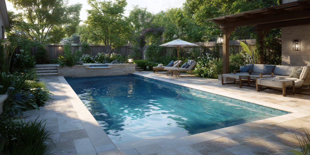 Houston pool deck with natural stone (travertine or limestone), cool and sustainable, with shaded seating, family activity, and eco-friendly landscaping.