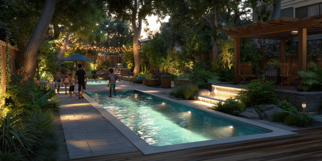 Houston pool area with non-slip decking and LED lighting along paths and steps, allowing children to play safely and improving visibility for evening swims.