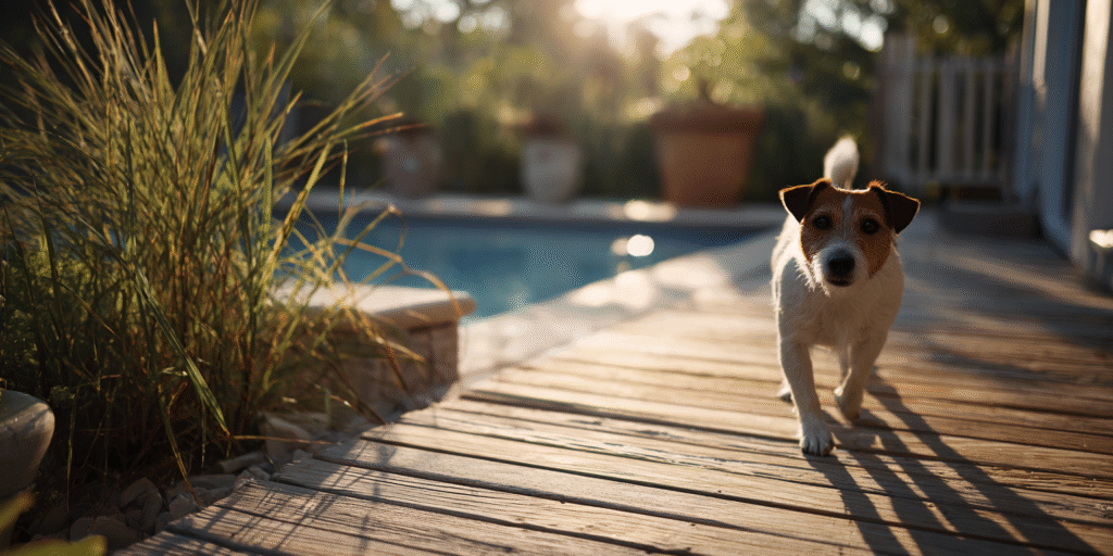 Dog safely exiting a Houston pool using a built-in pet ramp, with textured non-slip surface, pool safety fence, and alarms for added protection.