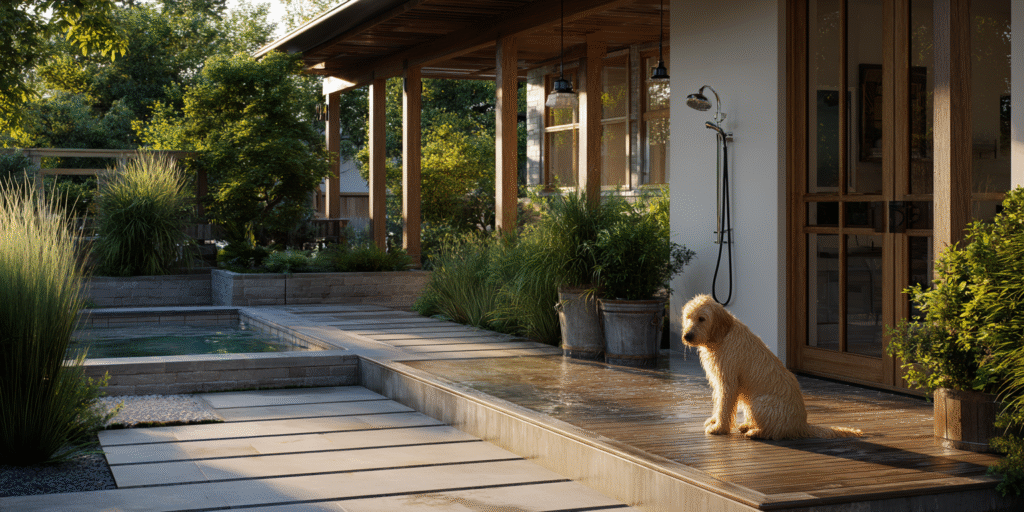 Outdoor pet wash station by a Houston pool, with a dog being rinsed after swimming, featuring easy-access sprayer and safe, lush landscaping.