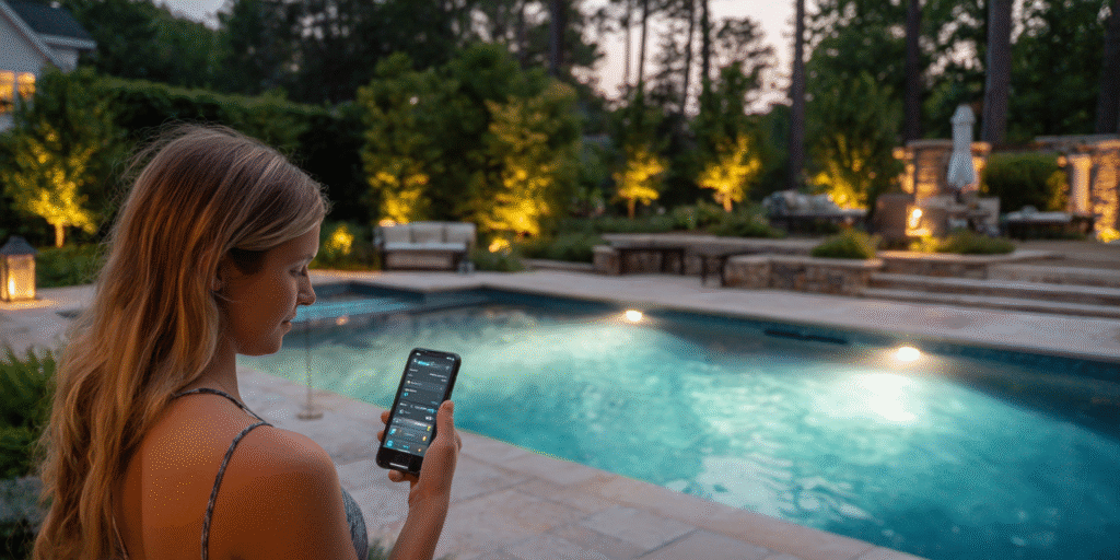 Houston homeowner controls pool pumps, heater, and lights with a smartphone app by the pool, showcasing modern pool automation.