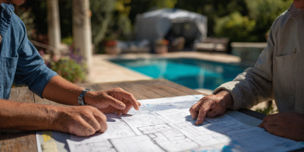 Houston pool renovation consultation with a contractor and homeowner reviewing plans and project timeline charts on a patio table next to the pool