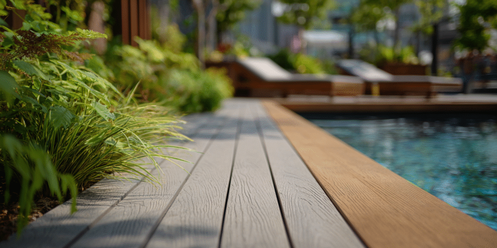 Close-up of Houston pool deck made from recycled composite and FSC-certified hardwood, showing cool, durable surfaces and lush surroundings.