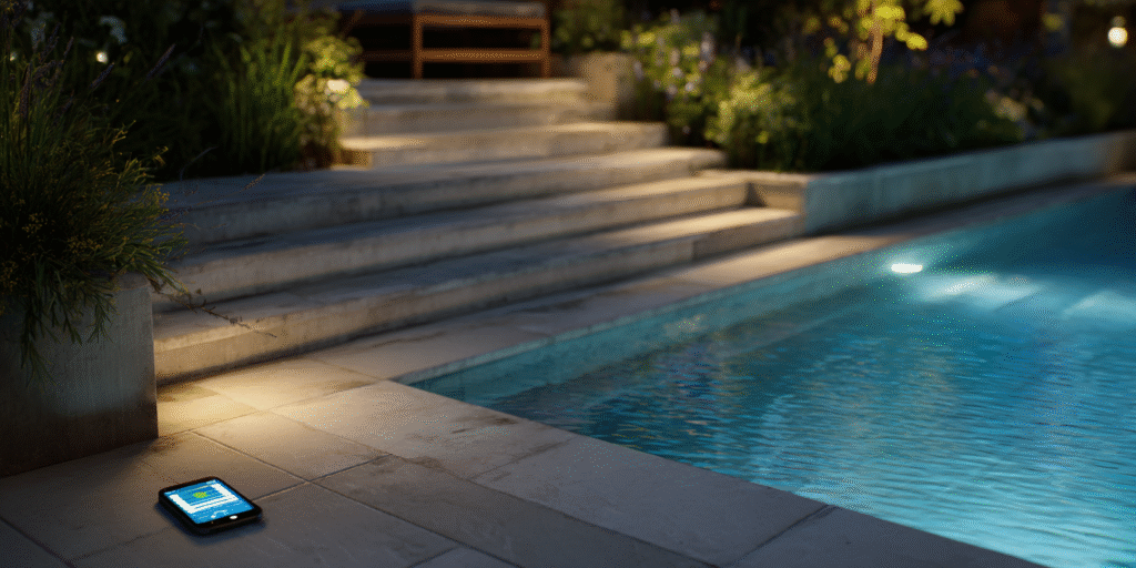 Close-up of smart LED and motion-activated pool lights in a Houston backyard, with a smartphone app controlling brightness and color for safe night swims.