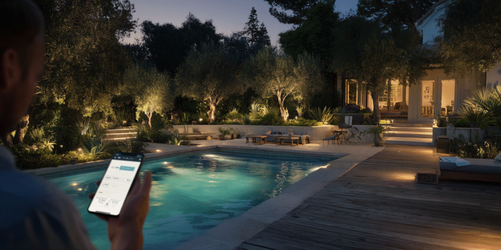Houston homeowner using a smartphone app to control pool and deck lighting, with customizable colors creating a modern and relaxing backyard ambiance.